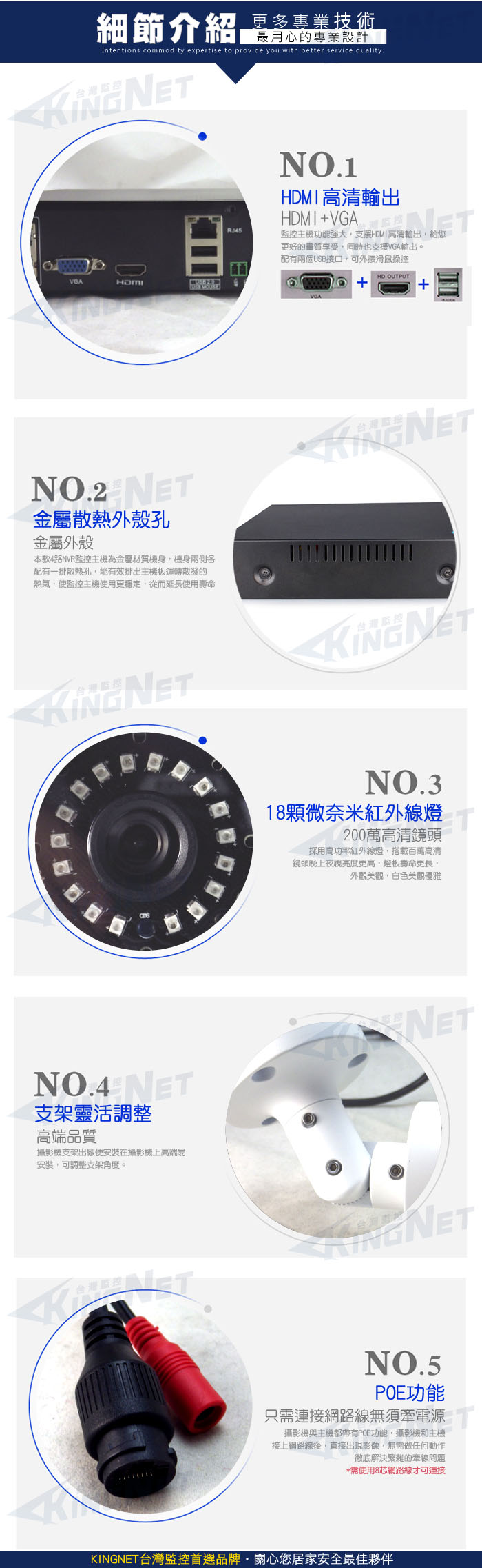 監視器攝影機 KINGNET 1080P 4路4支POE NVR網路監控主機套餐 4路主機NVR+紅外線槍型網路攝影機