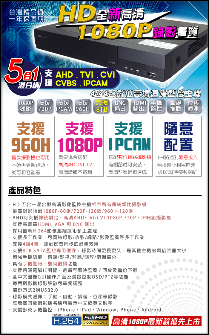 監視器攝影機 KINGNET 昇銳 HiSharp1080P 4路主機DVR 4路4聲 支援AHD/TVI/CVI/960H/IPC 720P 手機遠端