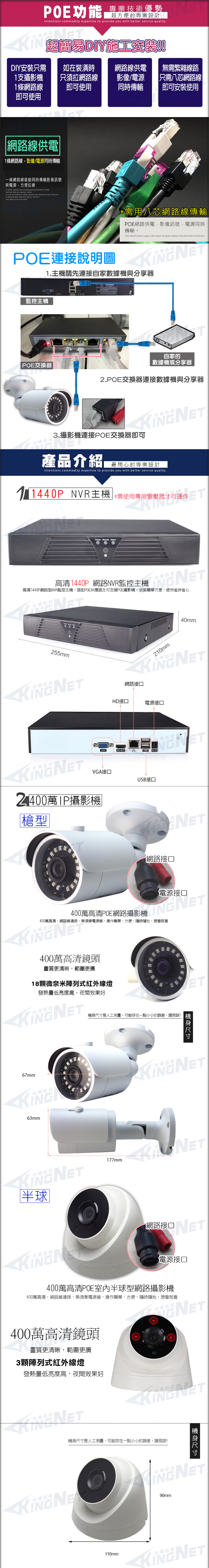 監視器攝影機 KINGNET 8路8支 NVR 監控套餐 任選 HD 1080P 防水槍型 室內半球 內建POE供電 櫃檯收銀