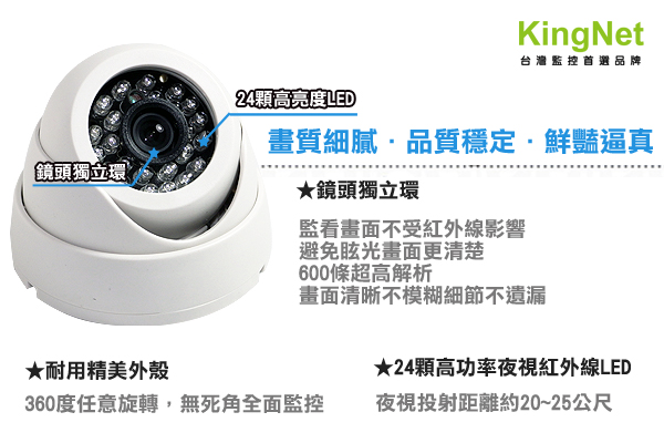 監視器攝影機 KINGNET 高解析 600條 高功率 紅外線夜視 鏡頭 高感度 室內半球 傳統類比 CVBS