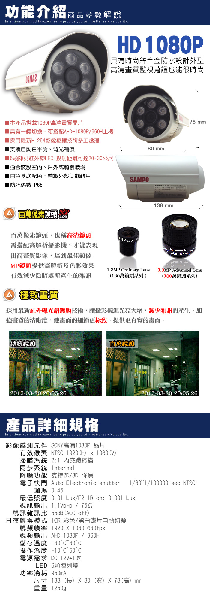 監視器攝影機 KINGNET 聲寶 AHD 1080P 夜視紅外線槍型 6陣列燈攝影機 SONY晶片