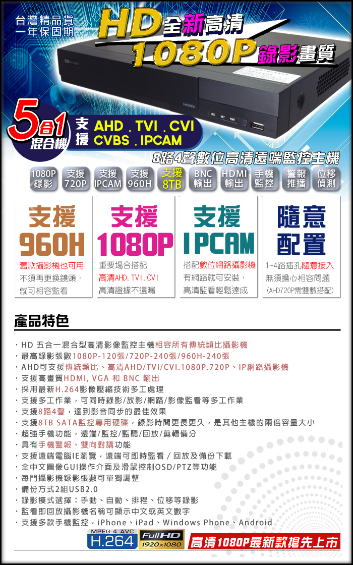 監視器攝影機 KINGNET 昇銳 HiSharp 1080P 8路主機DVR 8路4聲 支援AHD/TVI/CVI/960H/IPC